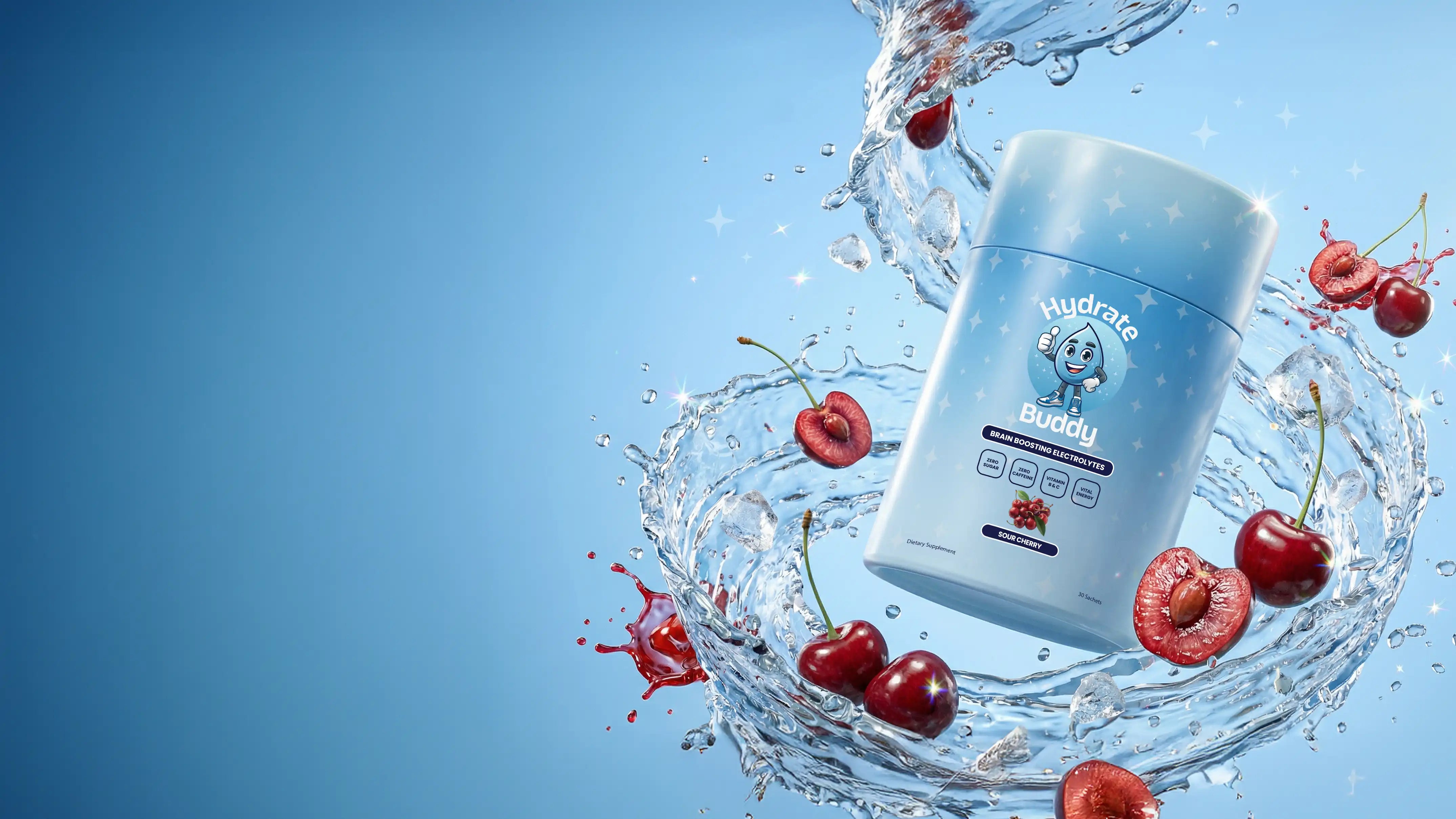 Hydrate Buddy tub with cherries and water splash on a blue background