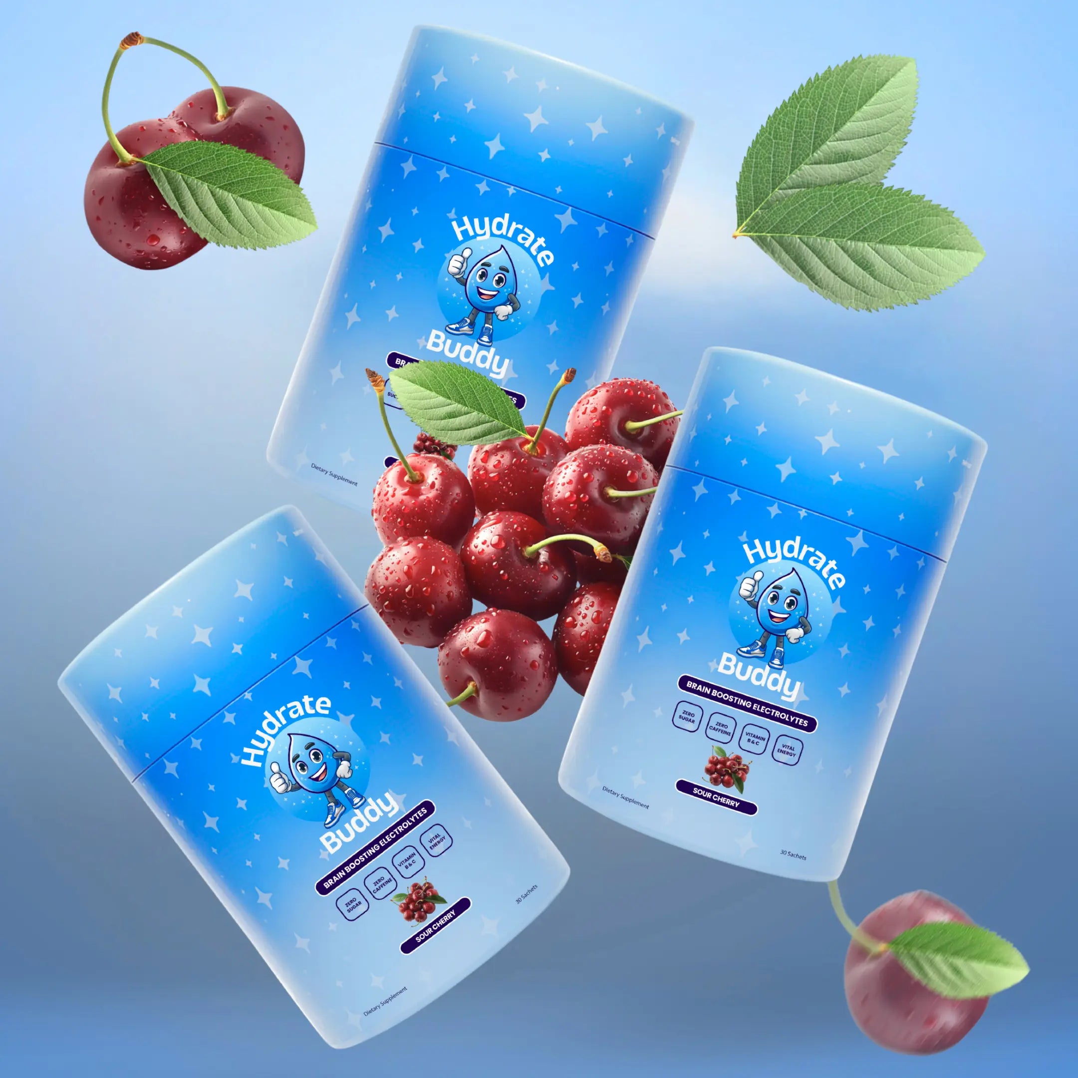 Three 'Hydrate Buddy' containers with cherries on a blue background