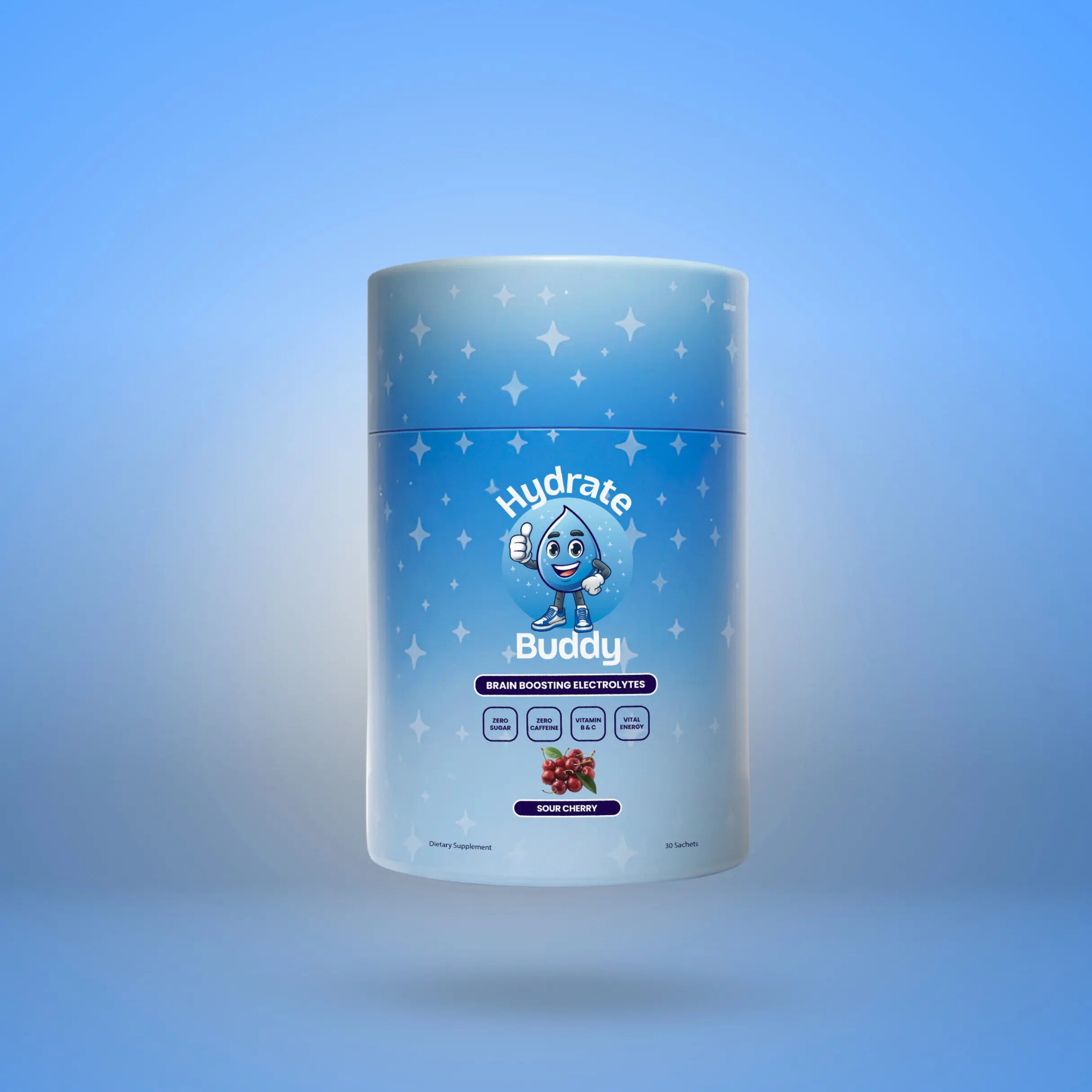 Container labeled 'Hydrate Buddy' on a blue gradient background