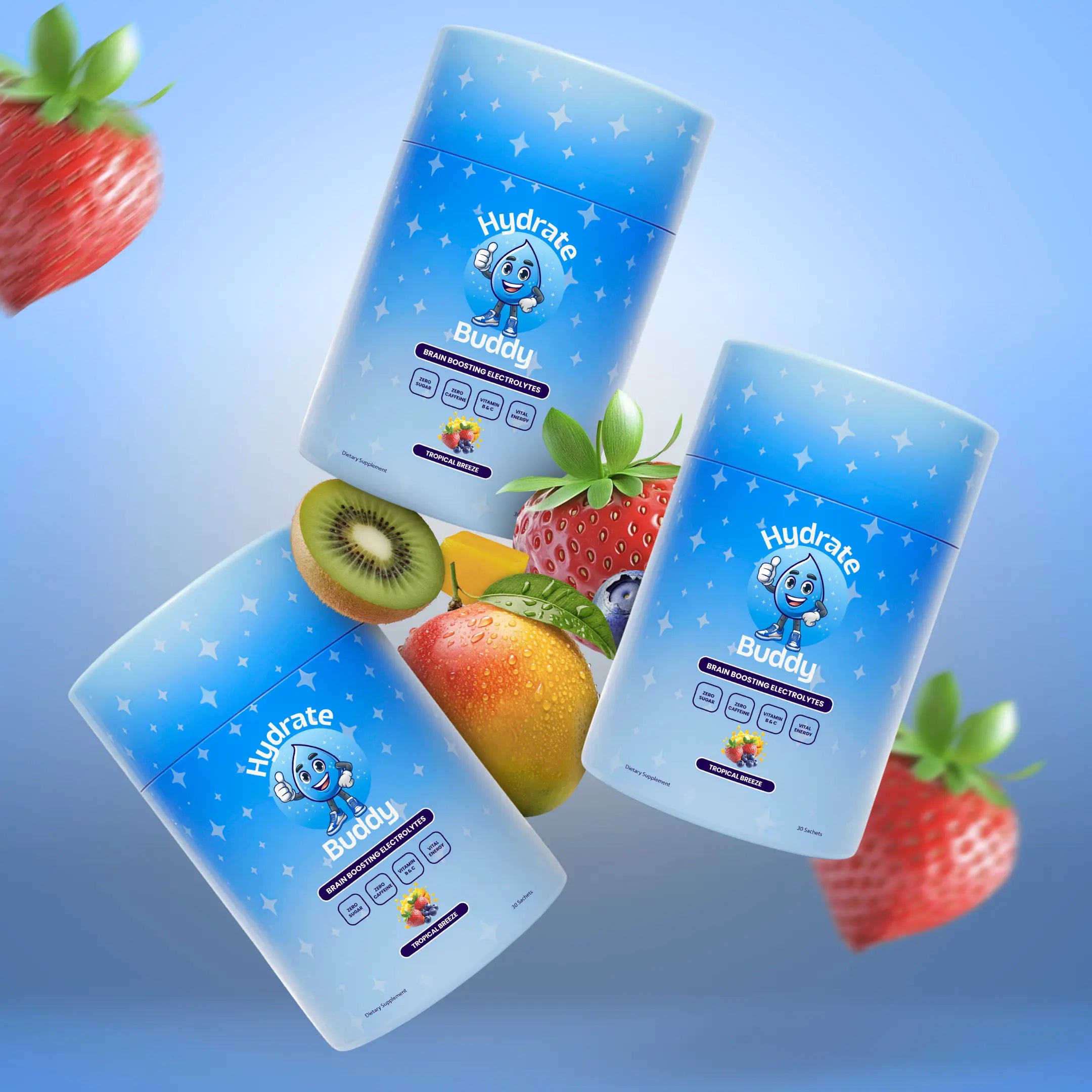 Three 'Hydrate Buddy' containers with fruits on a blue background