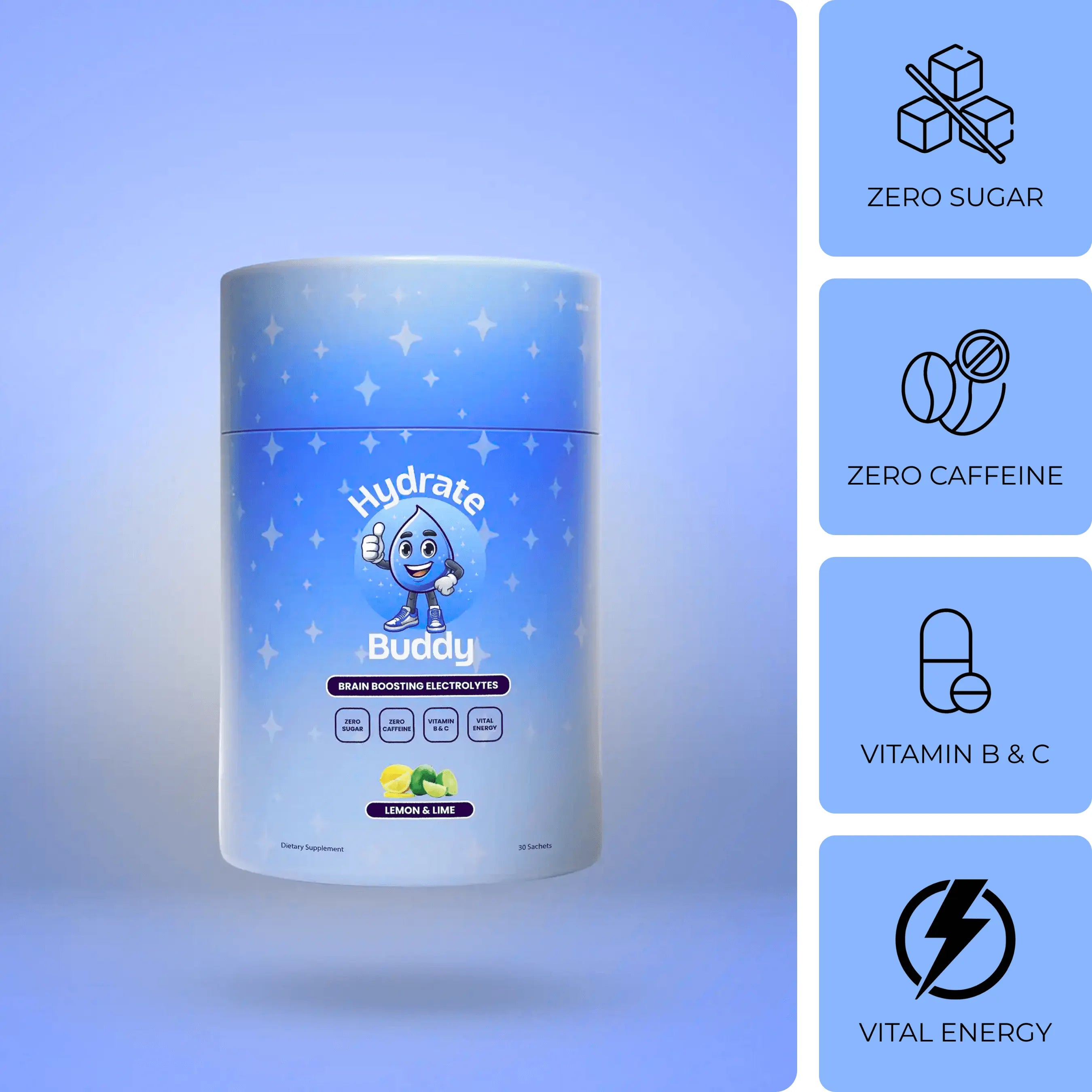Hydrate Buddy product container with features highlighted on a blue background