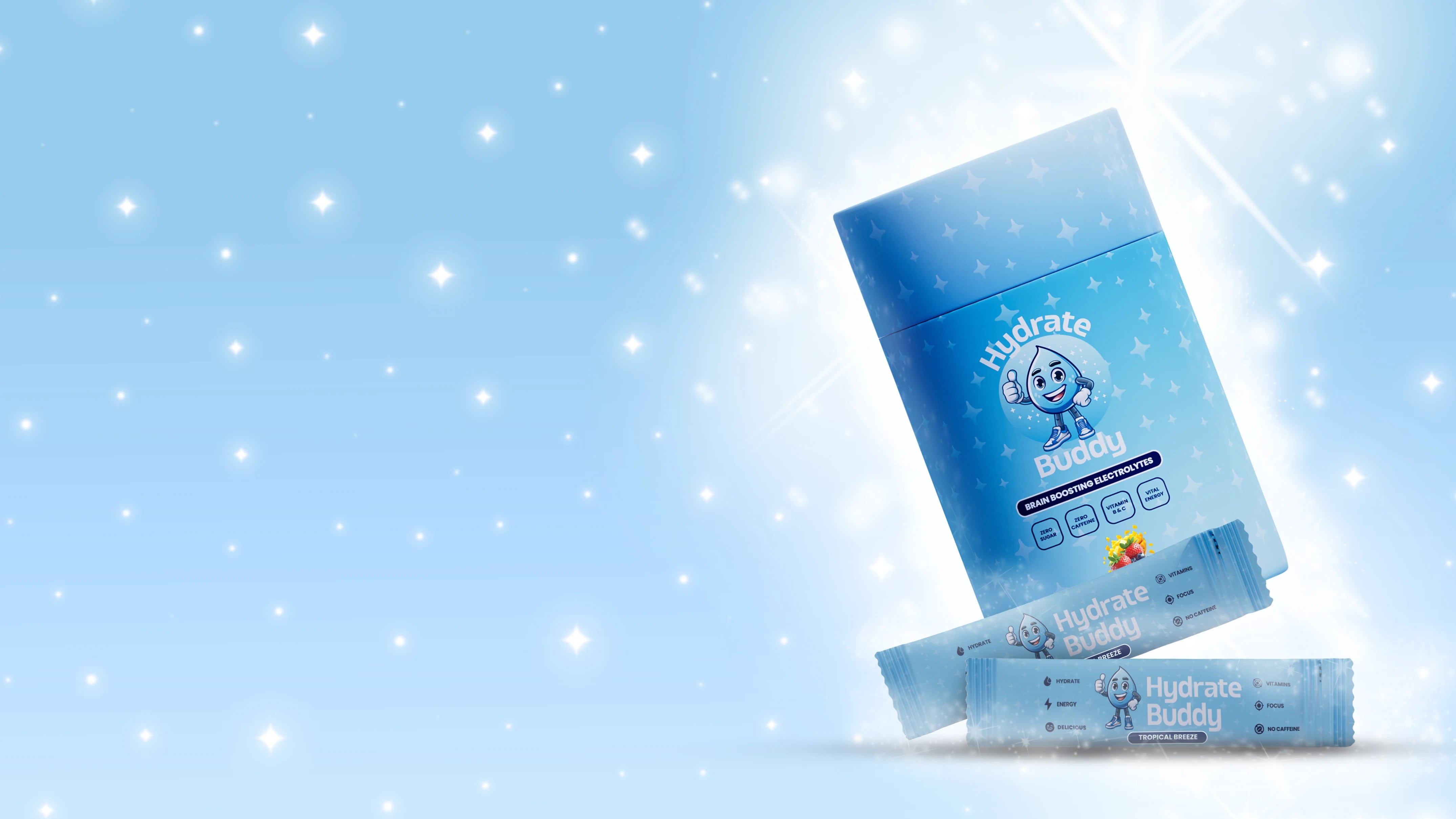 Hydrate Buddy Tropical Breeze tub and sachets on premium glowing blue background – Smart Hydration, Better Performance.