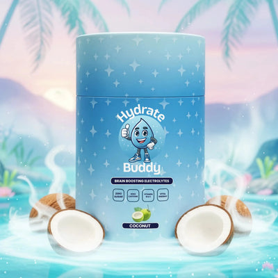 Blue container labeled 'Hydrate Buddy' with coconut graphics on a pastel background
