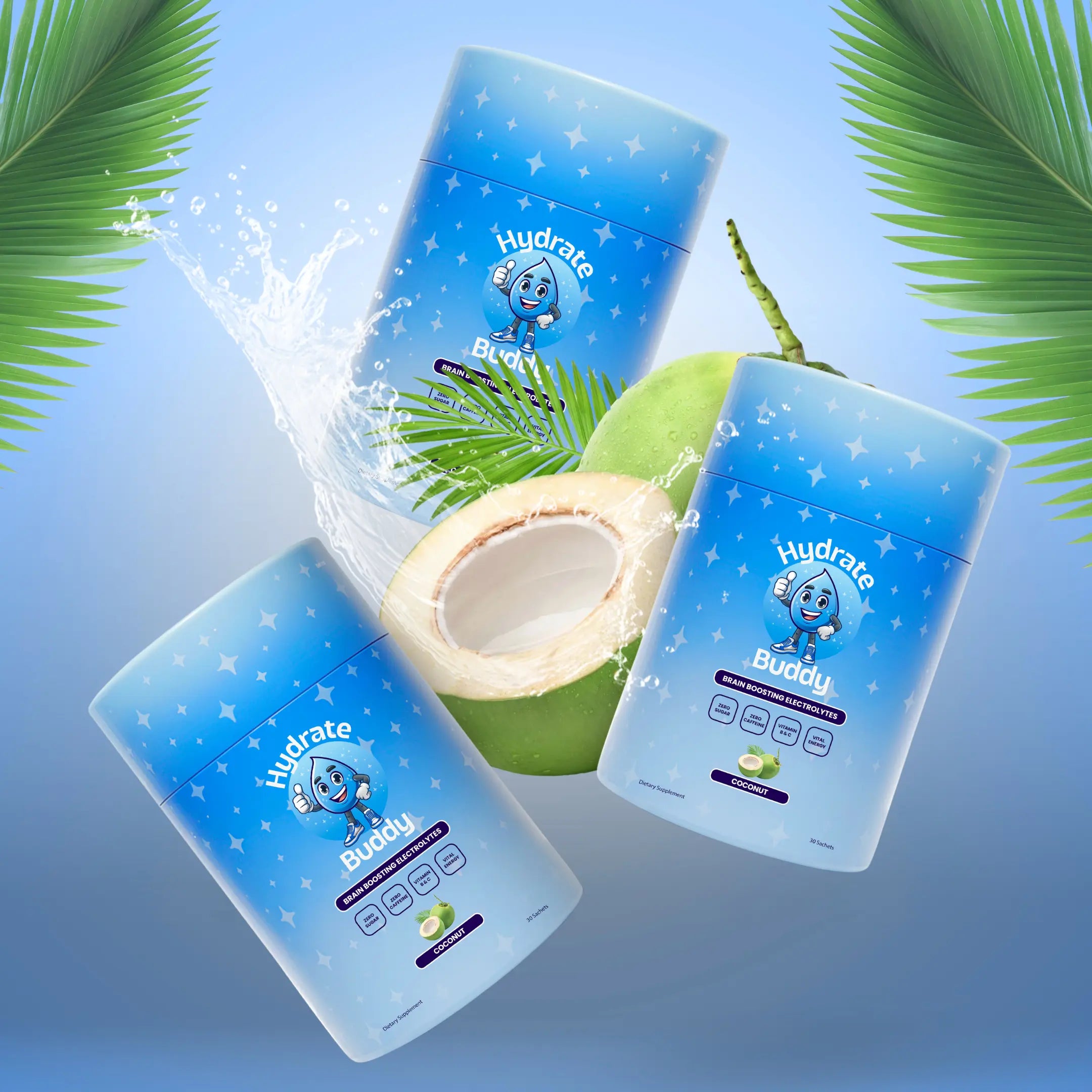 Three 'Hydrate Buddy' containers with a coconut and palm leaves on a blue background
