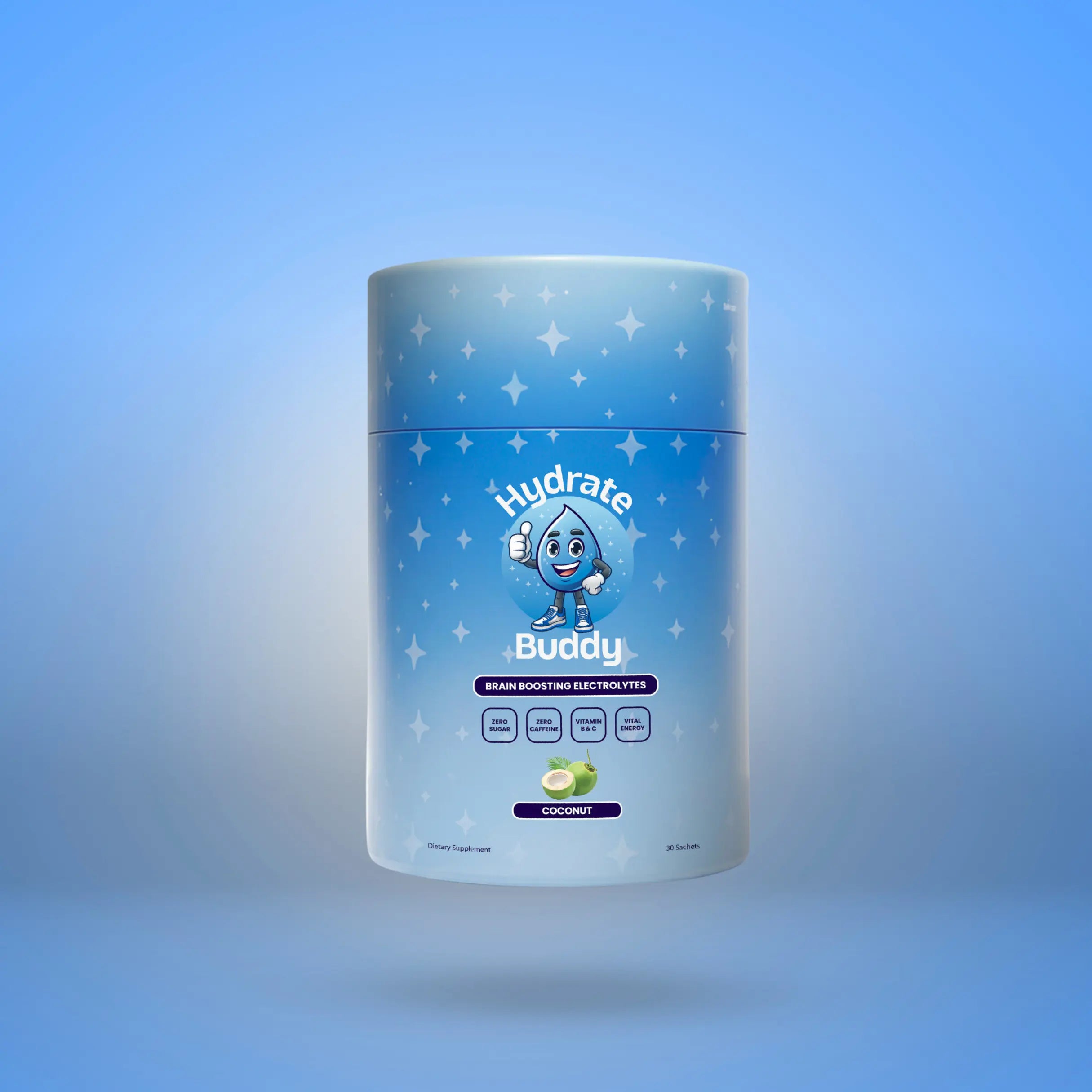 Hydrate Buddy container on a blue gradient background