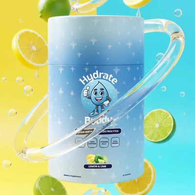 Hydration bottle with lemon and lime slices on a colorful background