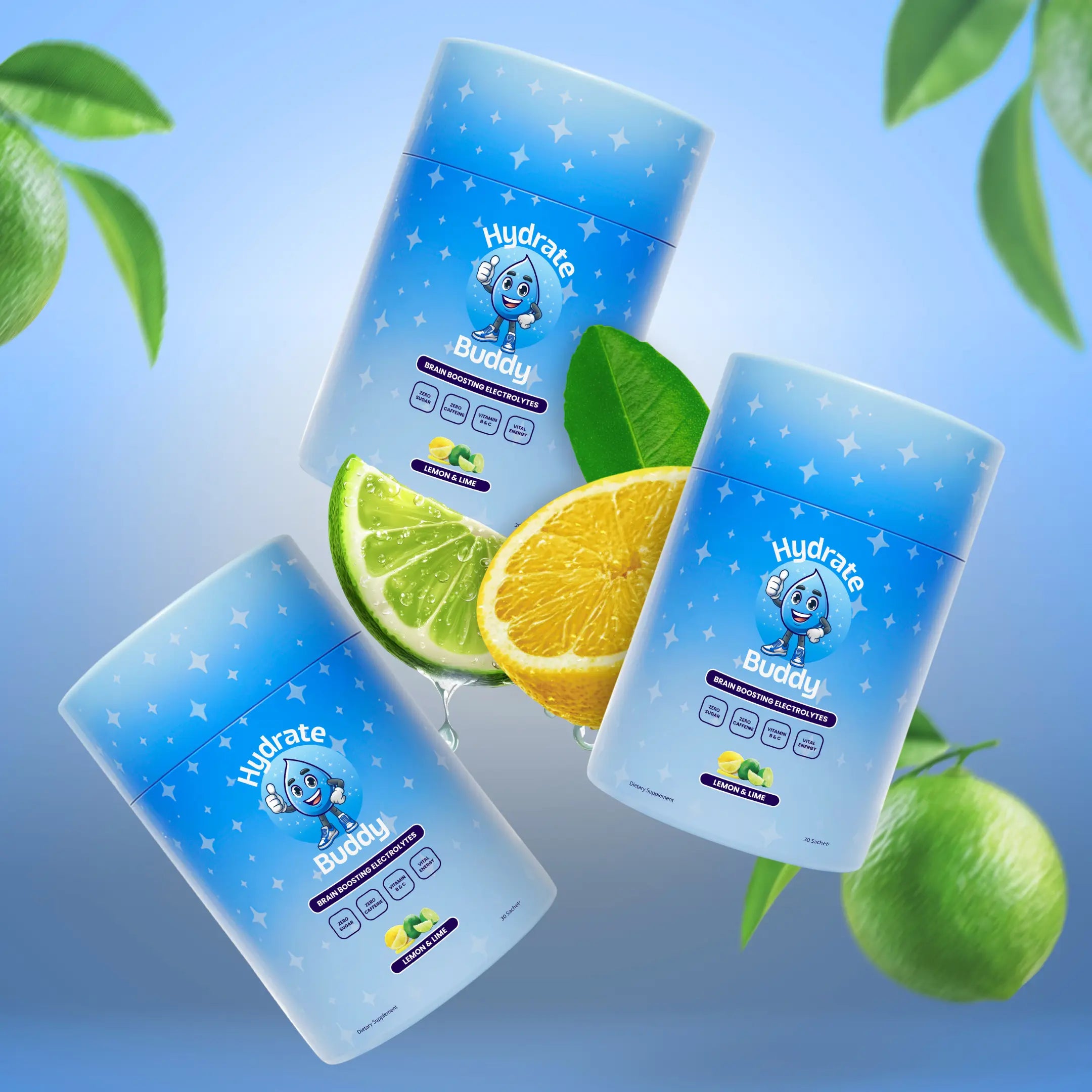 Three 'Hydrate Buddy' containers with fruits on a blue background