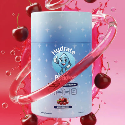 Hydration supplement container with cherries and a pink background