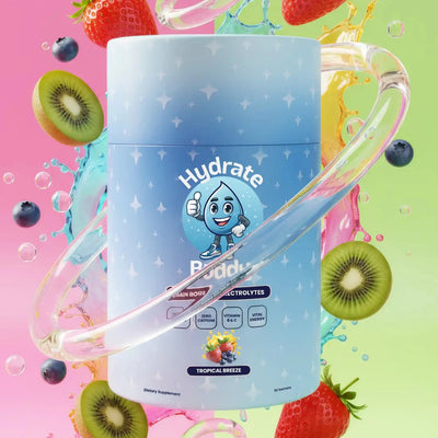 Hydrate Buddies container with colorful fruit background